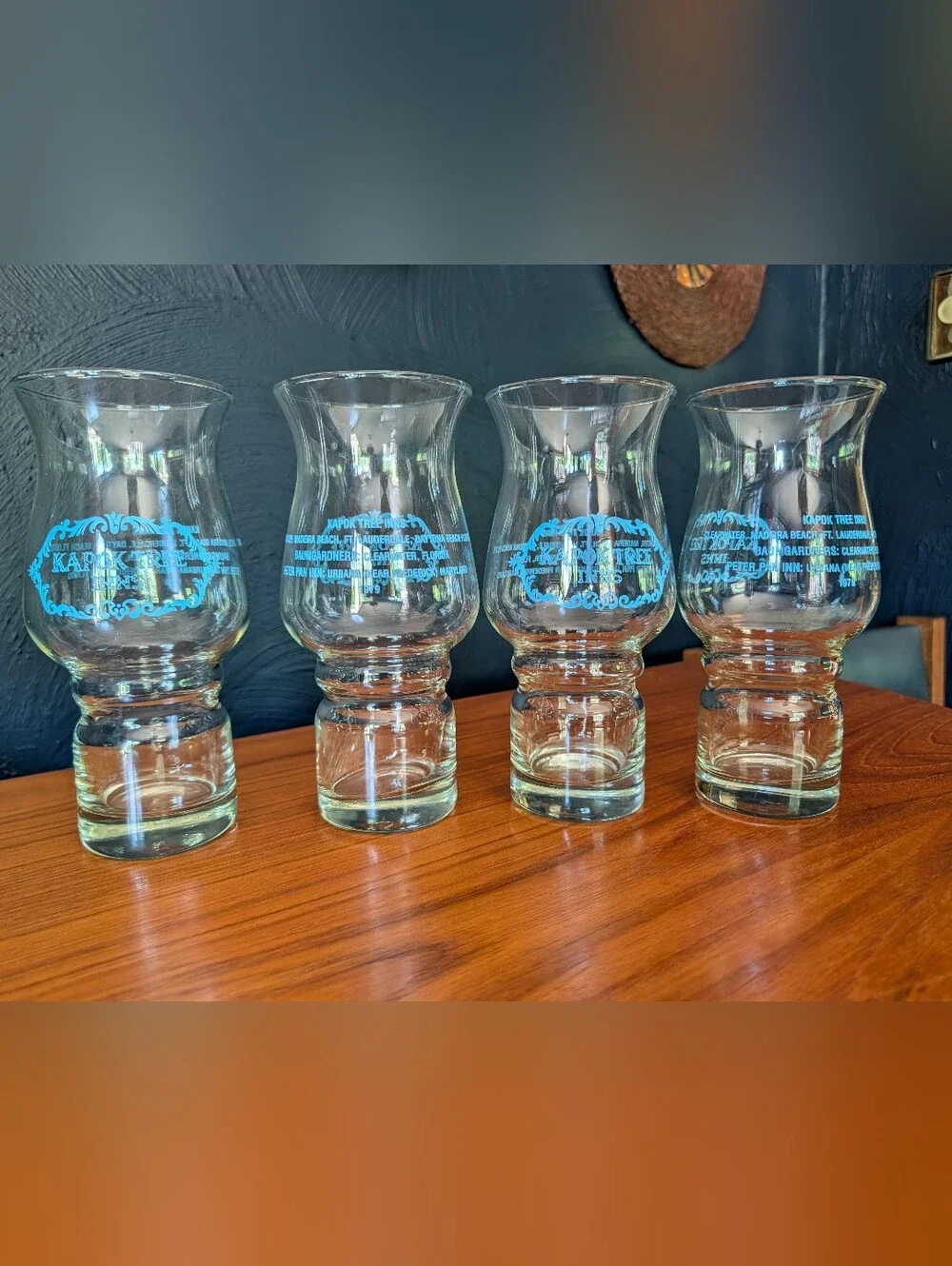 Vintage 1979 Kapok Tree Inns Florida Hurricane Glasses Tiki Restaurant Barware